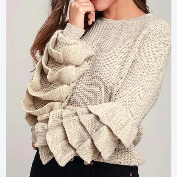 Alya Sweaters - Alya Beige Flounce Sleeve Sweater / Small